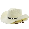Bohemian style straw cowboy hat with black studded band and adjustable chin strap - M(56-58cm) / Creamy White