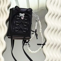 Black PU wallet with ballet style ribbons, pearl handle and pink heart pendant charm - Black Balletcore Wallet + Black Ribbon + Black Pearl Chain