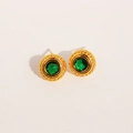 Orecchini a perno vintage in oro con pietra verde rotonda e bordo intrecciato - Verde