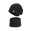 Dark grey knitted beanie and neck warmer set with thick fleece lining and logo patch - Black