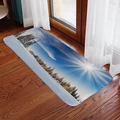 Detailed view of winter forest flannel mat with snow scene print on dark wood floor - Style 5