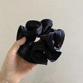 French vintage style black satin scrunchie with ruffled texture for hair styling - Black