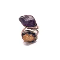 Vintage bronze open ring with raw natural amethyst and yellow crystal stones - Adjustable Open / Amethyst and Citrine