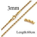 Golden 3mm twisted rope chain necklace made of stainless steel with 60cm length and clasp - 3mm/60cm / Gold