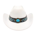 Cappello da cowboy bianco con fibbia turchese vintage e ricami floreali in stile etnico - Bianco (Fascia con Ricamo Floreale)