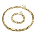 Gouden Cubaanse schakelset met ketting en armband voorzien van rechthoekige metalen plaatjes - Ketting & Armband Set / Goudkleur (KS139929-KLX)