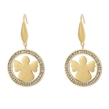 Elegant gold drop earrings featuring a sparkling zircon hoop with an angel silhouette center - Gold Angel Style (KE79919-GC)