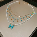 Elegant layered necklace with blue crystal butterfly pendant and white pearls - Gorgeous Multi-layer Pearl Butterfly Style (9#) / Gold-White-Blue