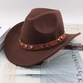 Dark brown wool felt cowboy hat with leather rivet band on minimalist background - Wave Pattern Strap / Coffee