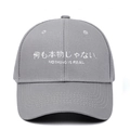Makroaufnahme der grauen Baumwollkappe mit japanischer und englischer Stickerei im Detail - Grau