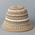 Detailed knit texture of striped hollow straw bucket hat in beige and brown tones - M (56-58cm) / Khaki