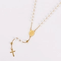 Golden stainless steel rosary necklace with white pearls and a cross pendant charm - White Pearl Style (Style 3)