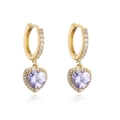 Detail of gold-plated heart drop earrings with lavender zircon and micro-pave setting - Gold Purple Zirconia