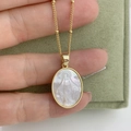 Golden Virgin Mary necklace with natural mother of pearl oval pendant on bead chain - Virgin Mary Portrait Pendant / Large (16.7x21.7mm)