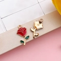 Red enamel rose pendant with gold base and green leaves for DIY jewelry making - 12x23mm-0.9g / Red Enamel Rose Large