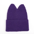 Detailed knit texture of purple cat ear hat with ribbed pattern and folded brim design - M (56-58cm) / Dark Purple