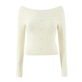 Off-shoulder cable knit sweater and shorts set for women in elegant creamy white color - S / Tops / White Apricot