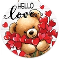 Detail of wooden Hello Love sign featuring a teddy bear holding red heart balloons - Style D Teddy Bear Heart