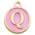Pink enamel letter Q pendant with gold-plated metal border for DIY jewelry making - Letter Q / 1 Piece (12x14mm) / Pink
