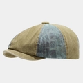 Berretto da strillone retrò in cotone con patchwork in denim blu e colore cachi - Cachi con Stile Patchwork a Motivi Geometrici / Cachi