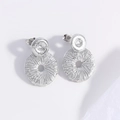 Silver metallic flower earrings with radial texture and irregular pleated geometric design - Steel Color Double Circle EI09-6