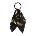Elegant black chiffon hair scrunchie featuring a golden feather print and long streamer - Black Gold Feather