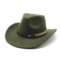 Detail of army green wool felt cowboy hat with leather band and golden diamond buckle - M (56-58cm) / Army Green
