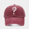 Macro detail of white spiral question mark embroidery on washed burgundy cotton baseball cap - Adjustable / Burgundy