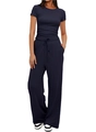 Ensemble détente bleu marine avec haut à manches courtes et pantalon large à cordon - Bleu Marine