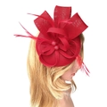 Elegant red sinamay fascinator headband with feathers and floral bow for weddings - Red