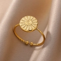 Bague en acier doré avec motif soleil et anneau tressé ajustable pour femme - Ouvert Réglable / Style Pièce de Soleil Radiale (JZ4902G) / Or
