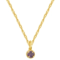 Macro view of water wave chain and round purple gemstone in 4-prong setting - February