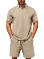 Completo uomo estivo polo e pantaloncini color kaki con trama jacquard a rombi in rilievo - S / Cachi