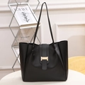 Classic black textured leather tote bag with gold metal buckle for women - Black