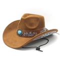 Cappello da cowboy marrone con pietra turchese e ricamo blu su sfondo bianco - M (56-58cm) / Cachi