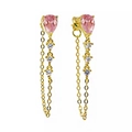 Detail of elegant gold drop earrings with pink pear-cut gems and white diamond accents - 24K / Pink Teardrop Stone Golden Tassel Style (JQH0240-G-5)