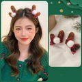 Christmas brown reindeer antler hair clips with red plaid bow and white plush ball - 2# Christmas Clip-Brown Antler Clip-Pair