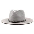 Detail of light gray straw fedora hat featuring a black leather band with silver metal studs - M (56-58cm) / Gray