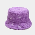 Detail of purple teddy velvet bucket hat with white butterfly embroidery and soft texture - M (56-58cm) / Purple