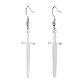 Punk style silver stainless steel sword drop earrings with gothic cross design on white background - Steel