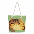 Detail of cartoon cat print canvas tote bag with thick white rope handles in grass green - Light Green Funny Cat (msk1219)