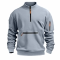 Men's outdoor light blue quarter-zip sweatshirt with orange accents on white background - Light Gray