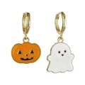 Halloween earrings featuring gold metal hoops with orange pumpkin and white ghost charms - Asymmetric Pumpkin and Ghost