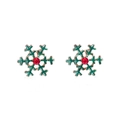 Detailed view of snowflake earrings with green enamel, gold base and red crystal center - A138-18 Green Snowflake