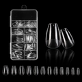Detailed view of clear coffin-shaped false nail tips in a 10-compartment storage box - BSW19 (120Pcs Boxed)