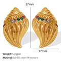 Vintage 18K gold plated stainless steel spiral shell earrings with colorful rhinestones - Colorful Rhinestone Spiral (EH672CRG)