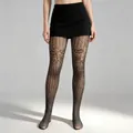 Close-up of black floral lace tights featuring elegant rose patterns and vertical stripes - Rose Garland Jacquard / Grey Rose Garter Net