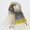 Écharpe style cachemire à carreaux jaune, beige et gris avec des pompons torsadés - 240x38cm / Carreaux Jaune Beige Gris