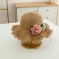 Detailed weave of kids straw hat with floral lace brim and fabric flower accents - Hat Only / Khaki Hat