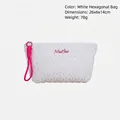 White hexagonal makeup bag with vine pleated texture and pink braided handle 26x6x14cm - Hexagonal Bag / White